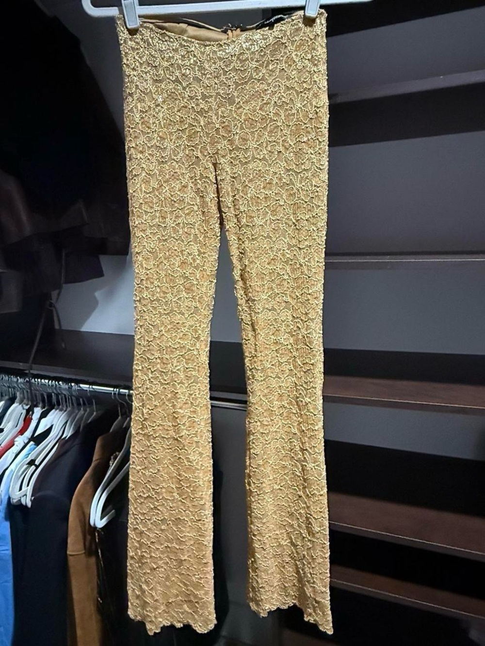 Insane Vintage Betsey Johnson Gold Lace with Shimmer Thread Flare Pants - Picture 3 of 6